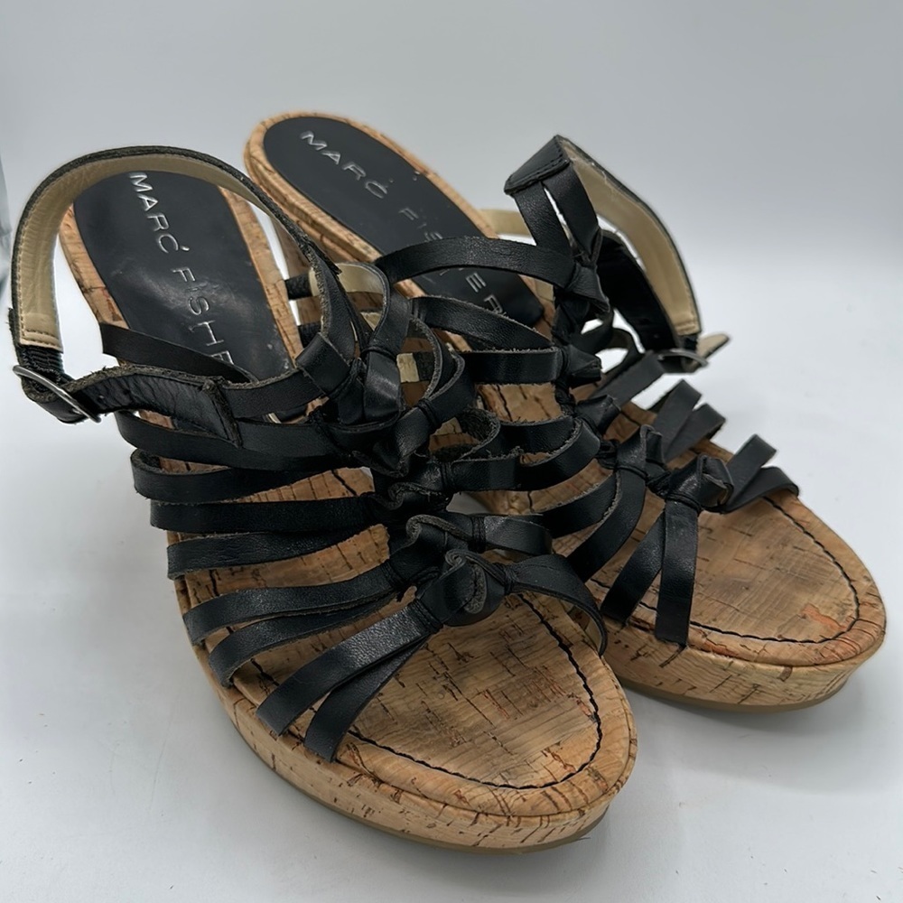 Marc Fisher black strappy cork heeled sandals, size 6